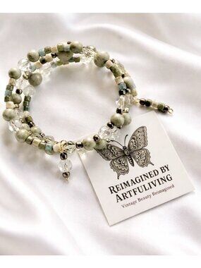REIMAGINED Memory Wrap Bracelet Green Stone Glass Beads Adjustable Boho Nature